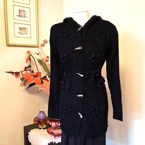 NWT Woman's Black Hooded Cardigan Coat Knit Lightweight Warm & Elegant Outerwear - Picture 2 of 12